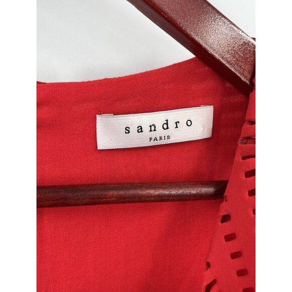 SANDRO Women's Red Laser Cut Flounce Hem Sleeveless Fit & Flare Dress Size 1 SM - Picture 4 of 6